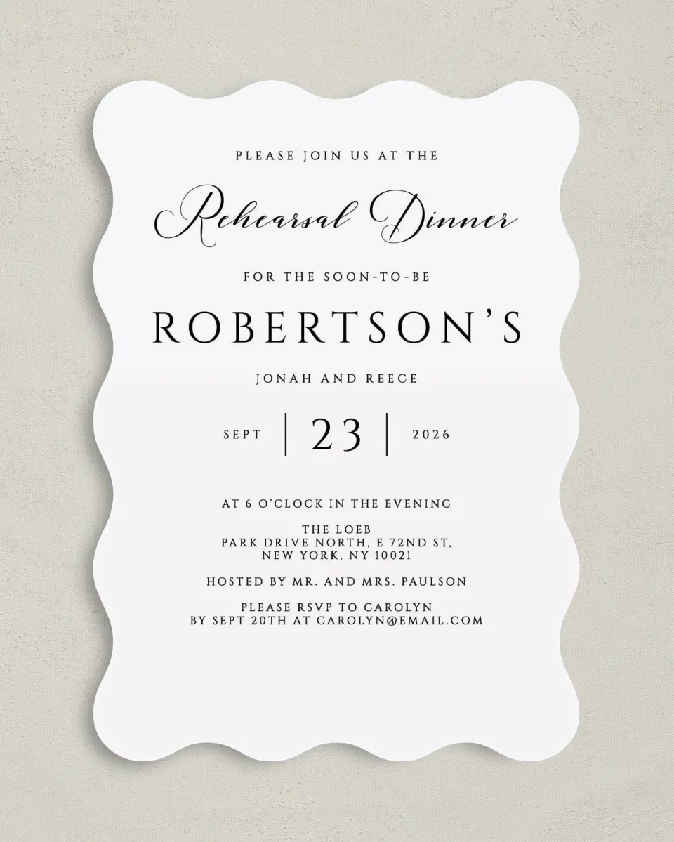 This is a 5" x 7" Rehearsal Dinner Invitation called Timeless Dinner printed in full color on Premium Smooth paper