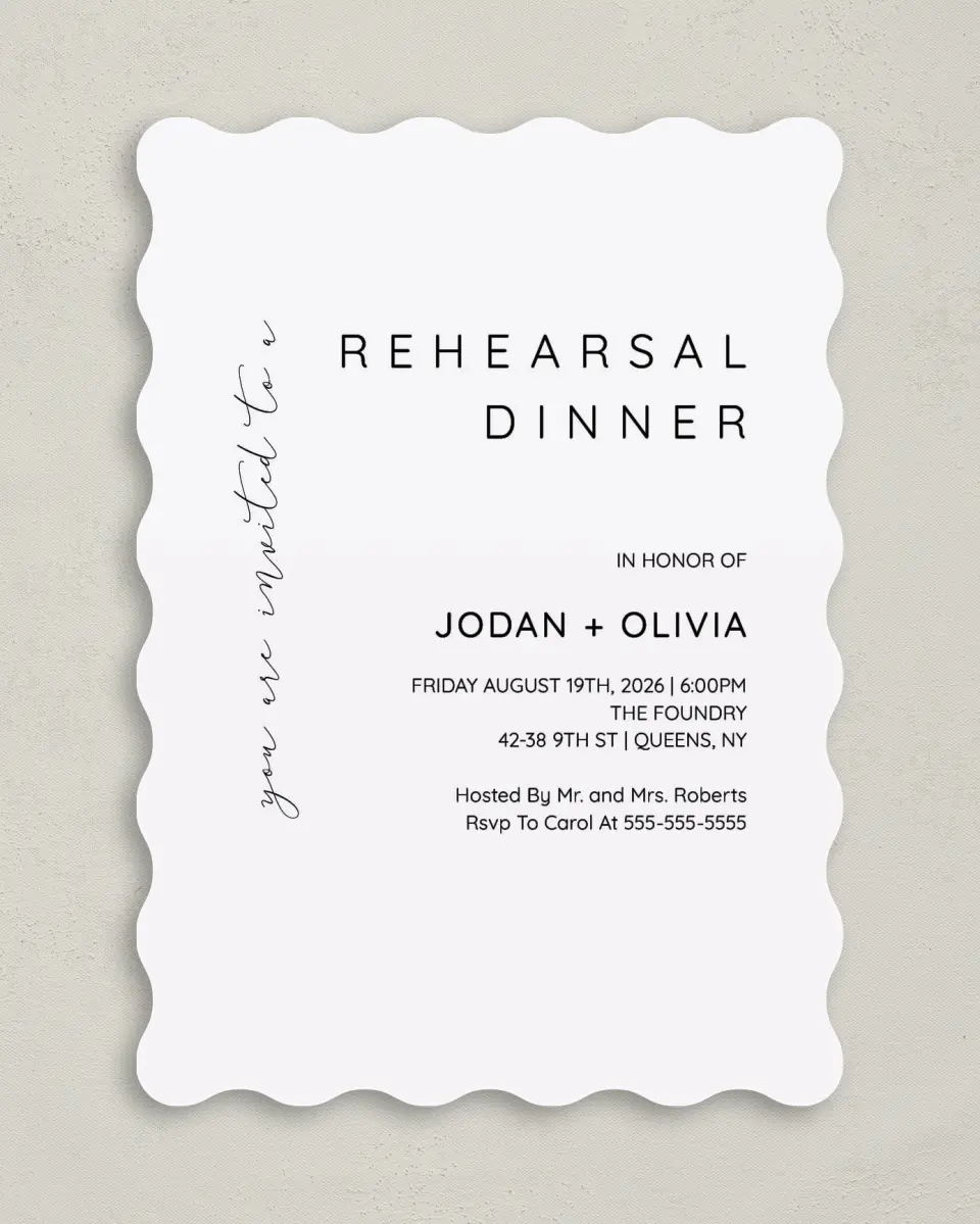 This is a 5" x 7" Rehearsal Dinner Invitation called Simple Soiree printed in full color on Premium Smooth paper