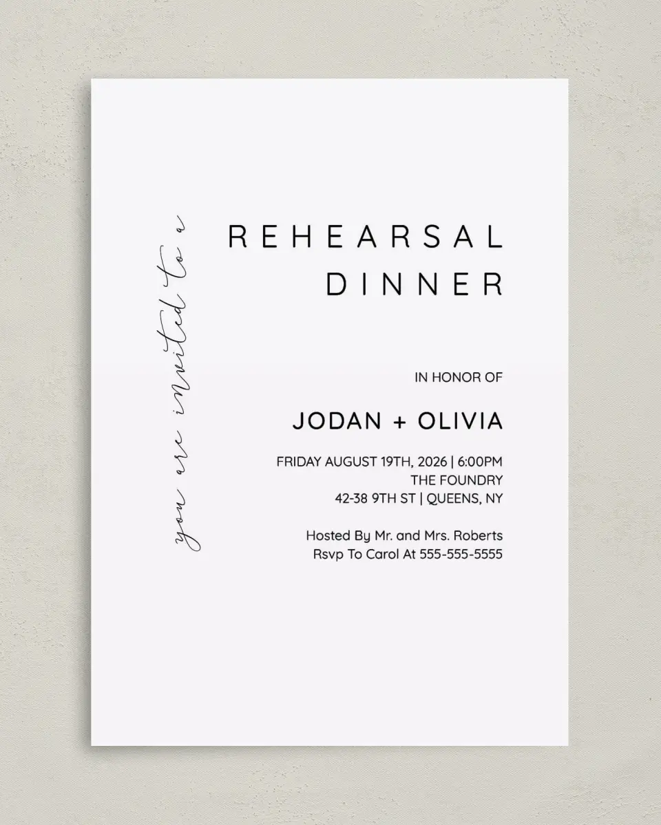 This is a 5" x 7" Rehearsal Dinner Invitation called Simple Soiree printed in full color on Premium Smooth paper