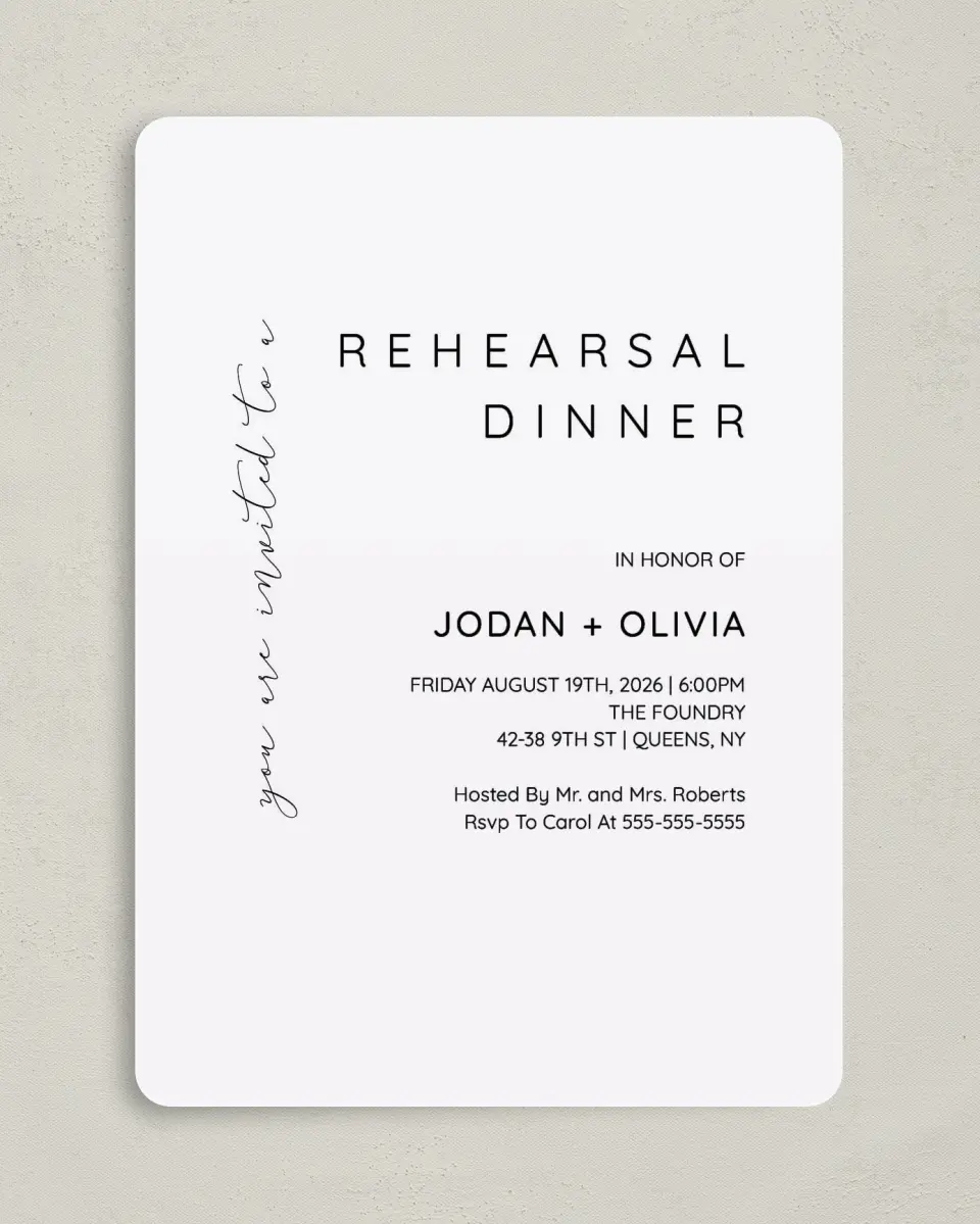 This is a 5" x 7" Rehearsal Dinner Invitation called Simple Soiree printed in full color on Premium Smooth paper