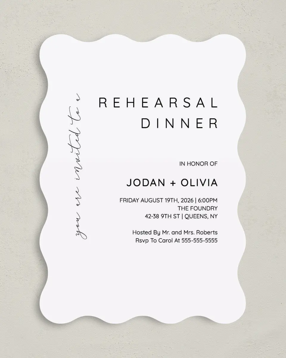 This is a 5" x 7" Rehearsal Dinner Invitation called Simple Soiree printed in full color on Premium Smooth paper