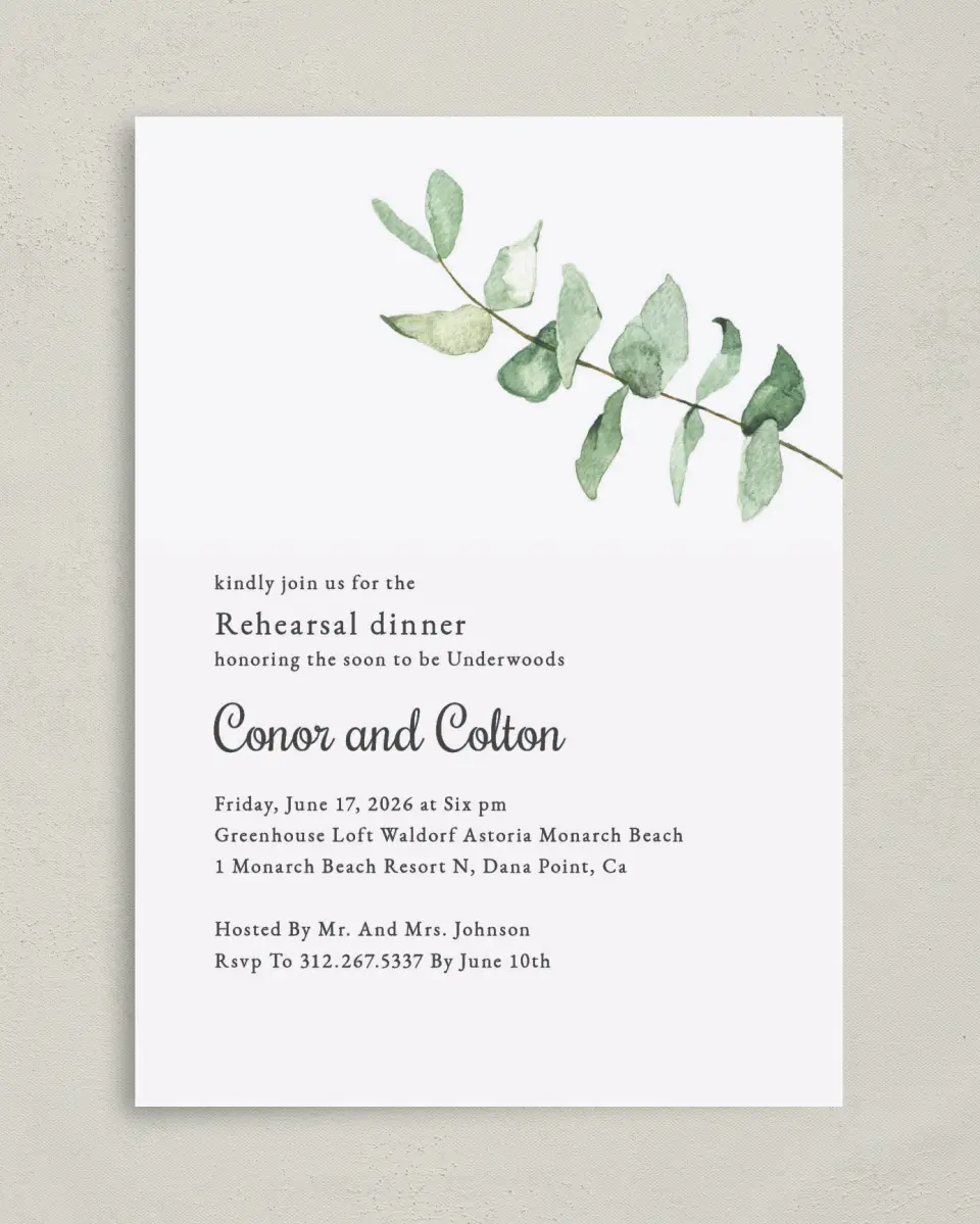 This is a 5" x 7" Rehearsal Dinner Invitation called Dinner Leaf printed in full color on Premium Smooth paper