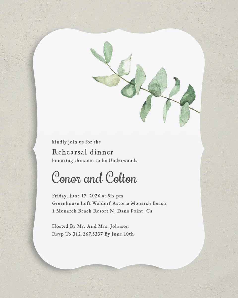 This is a 5" x 7" Rehearsal Dinner Invitation called Dinner Leaf printed in full color on Premium Smooth paper