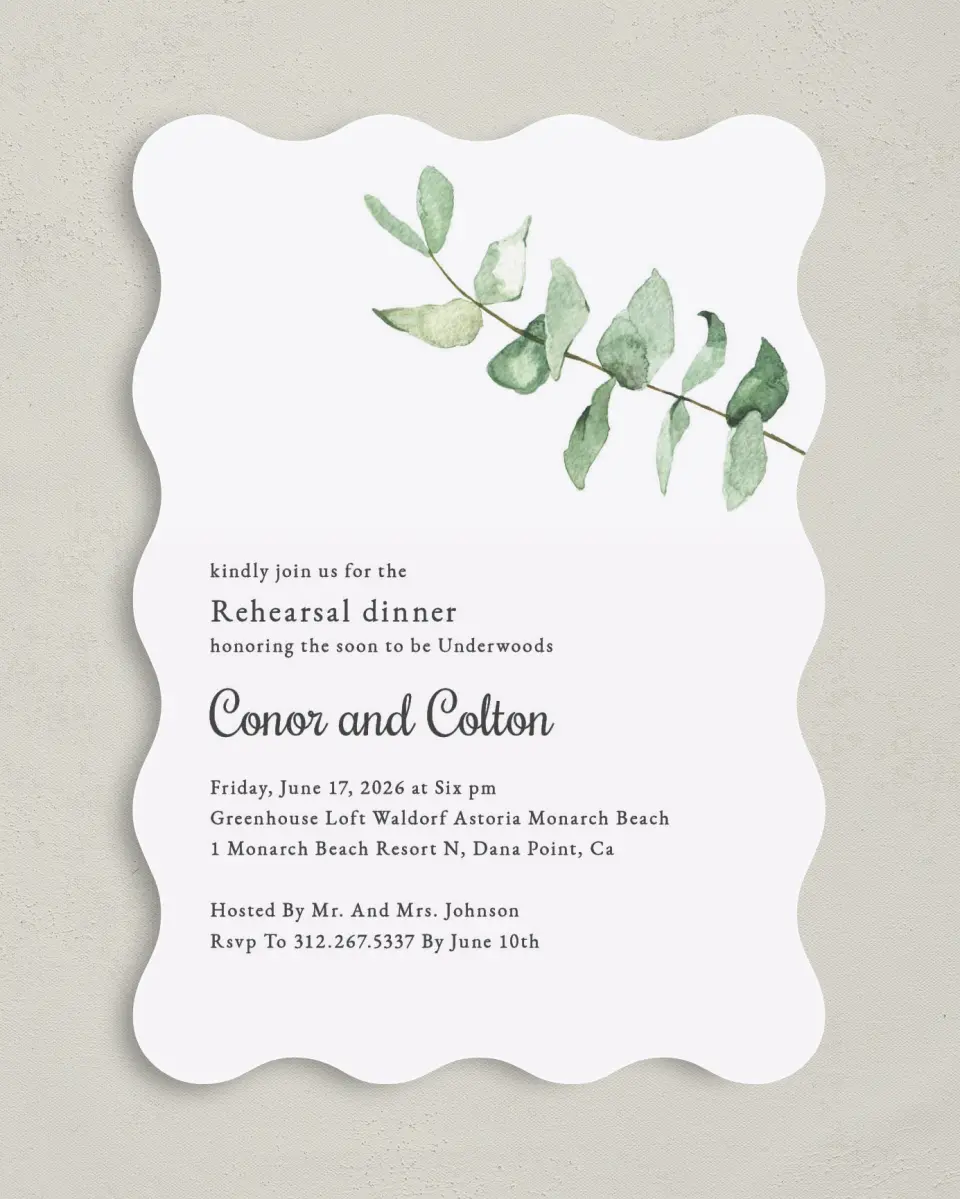 This is a 5" x 7" Rehearsal Dinner Invitation called Dinner Leaf printed in full color on Premium Smooth paper