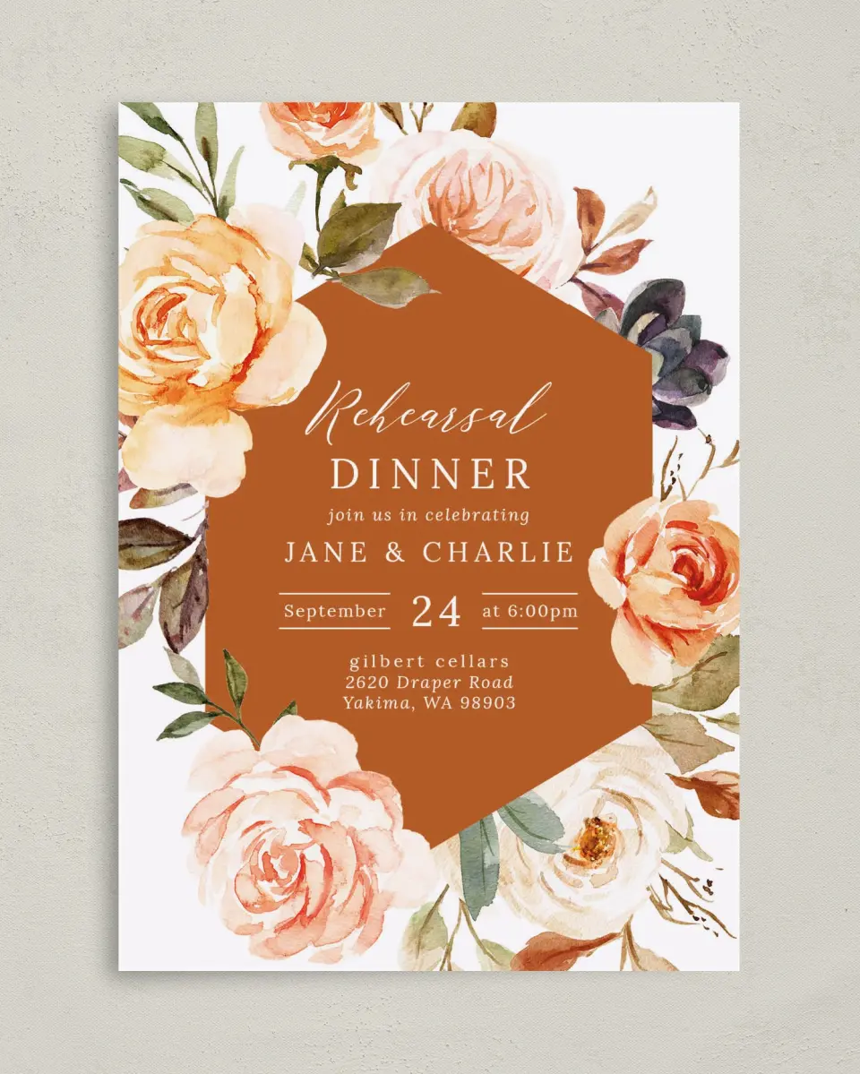 This is a 5" x 7" Rehearsal Dinner Invitation called Floral Fantasy printed in full color with Gold foil on Luxe Satin (coated) paper