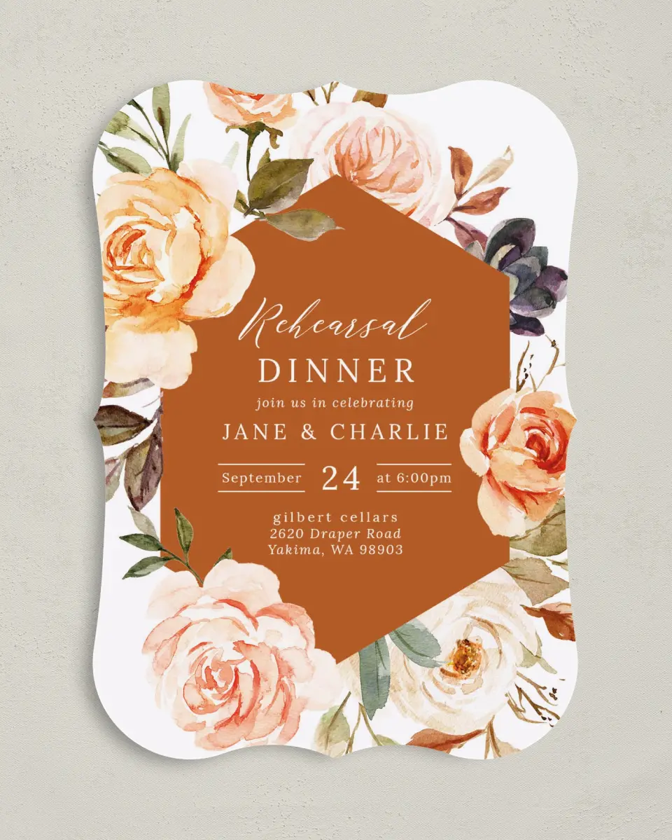 This is a 5" x 7" Rehearsal Dinner Invitation called Floral Fantasy printed in full color on Premium Smooth paper