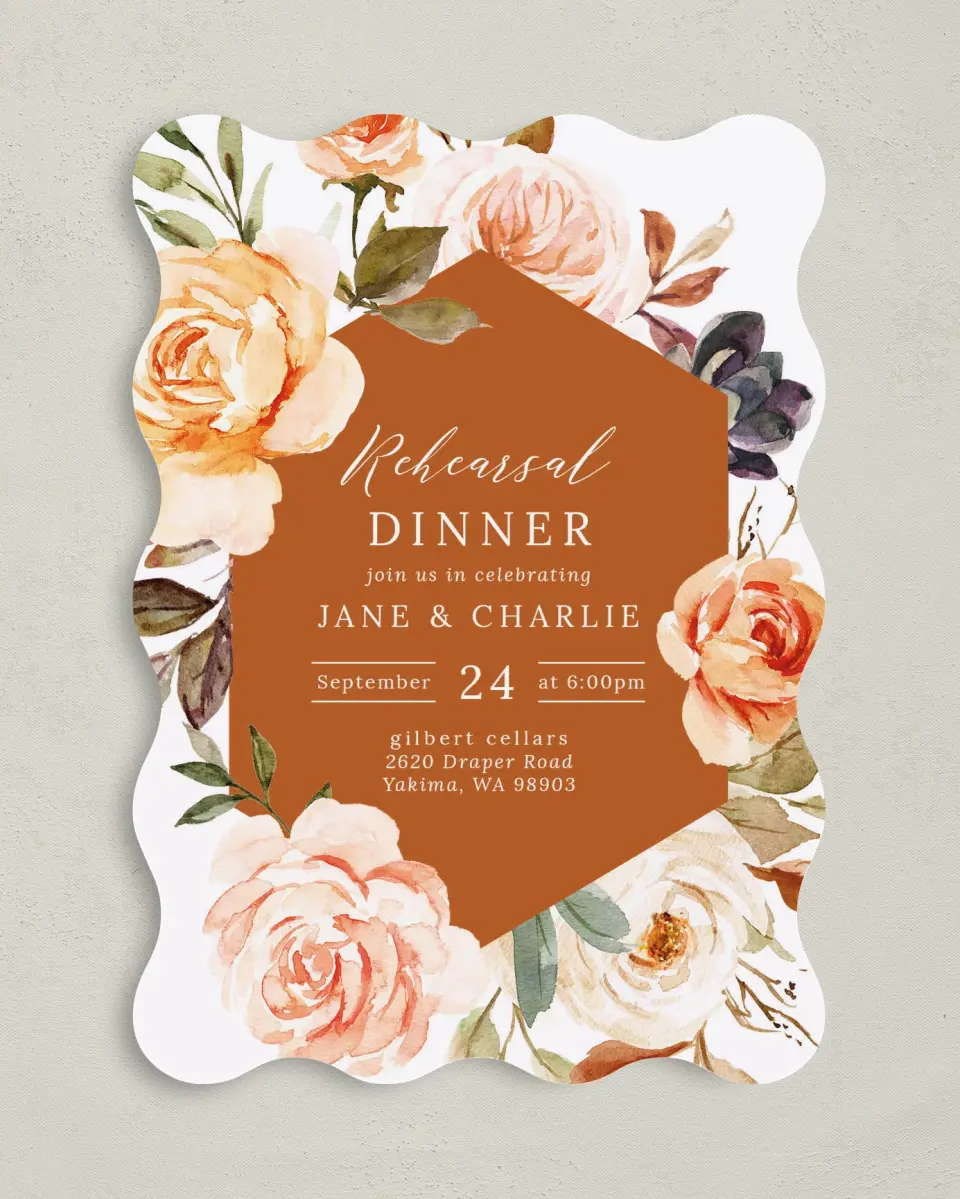 This is a 5" x 7" Rehearsal Dinner Invitation called Floral Fantasy printed in full color on Premium Smooth paper