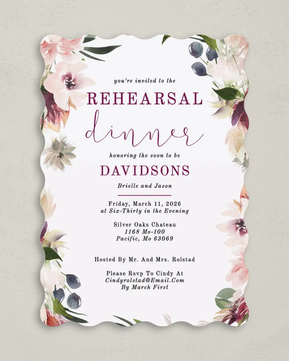 This is a 5" x 7" Rehearsal Dinner Invitation called Floral Dinner printed in full color on Premium Smooth paper