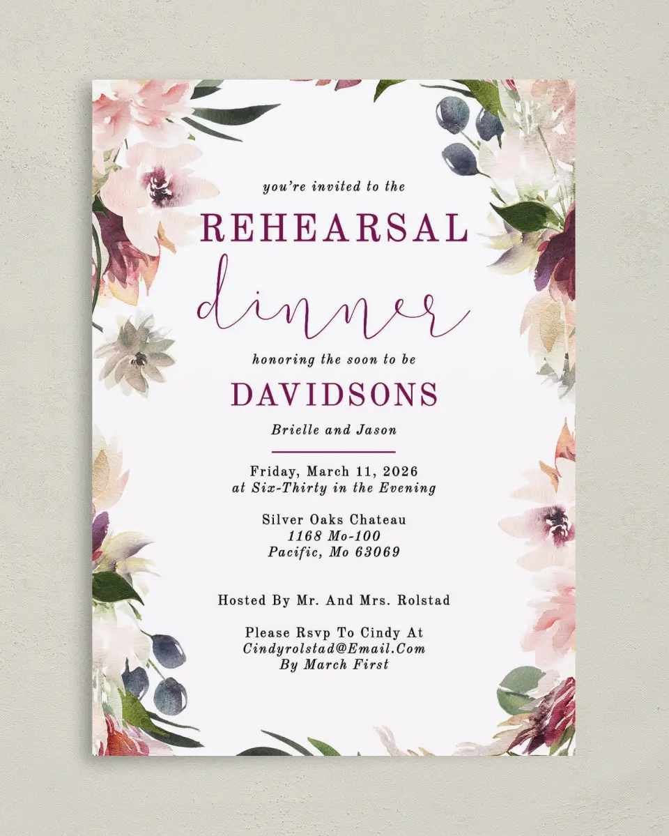 This is a 5" x 7" Rehearsal Dinner Invitation called Floral Dinner printed in full color with Gold foil on Luxe Satin (coated) paper