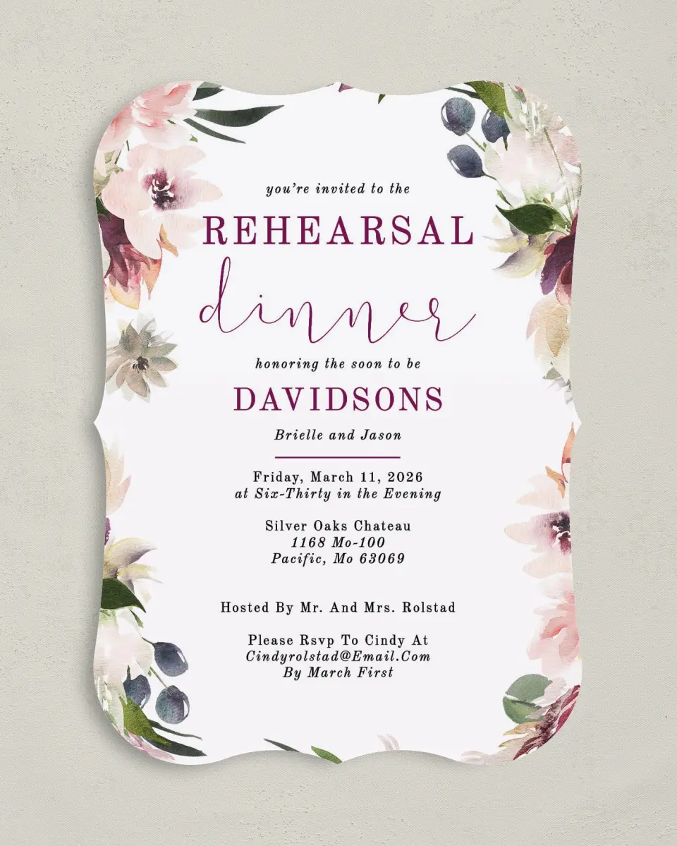 This is a 5" x 7" Rehearsal Dinner Invitation called Floral Dinner printed in full color on Premium Smooth paper