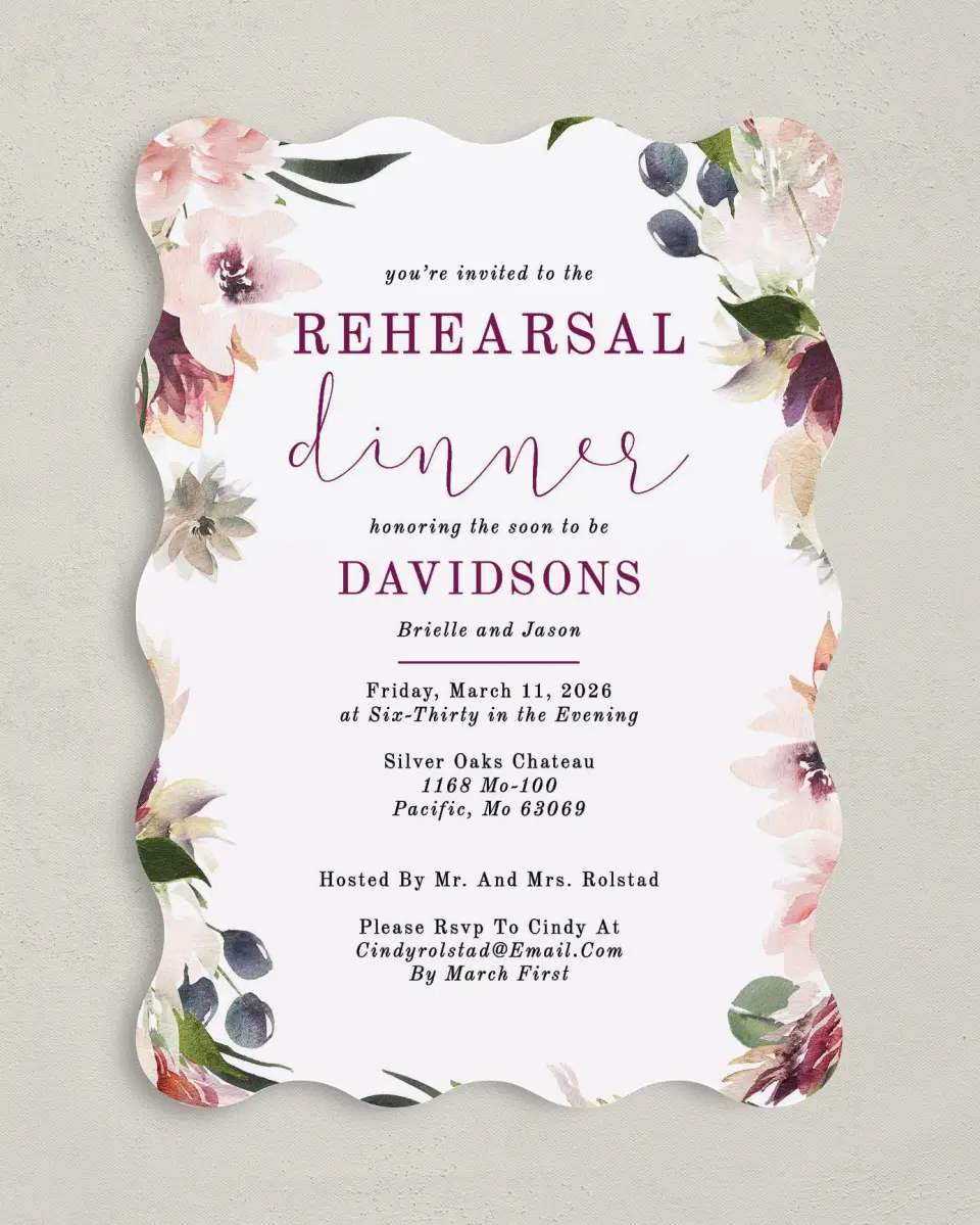 This is a 5" x 7" Rehearsal Dinner Invitation called Floral Dinner printed in full color on Premium Smooth paper