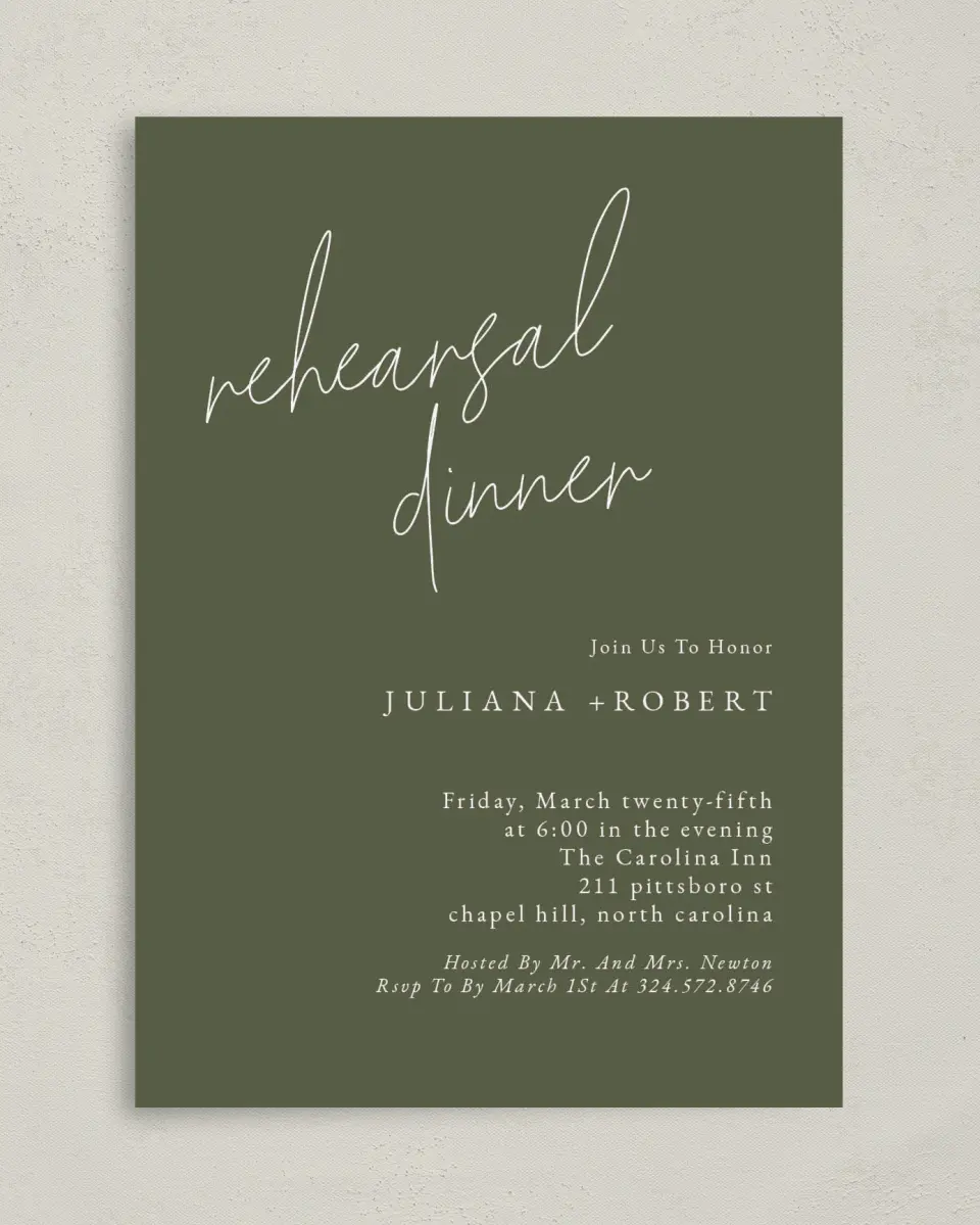 This is a 5" x 7" Rehearsal Dinner Invitation called Modern Dinner printed in full color with Gold foil on Luxe Satin (coated) paper