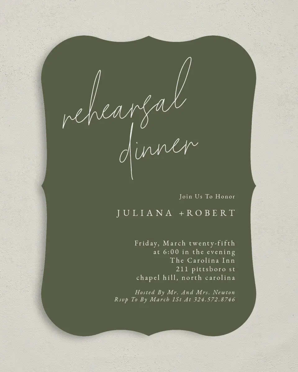 This is a 5" x 7" Rehearsal Dinner Invitation called Modern Dinner printed in full color on Premium Smooth paper
