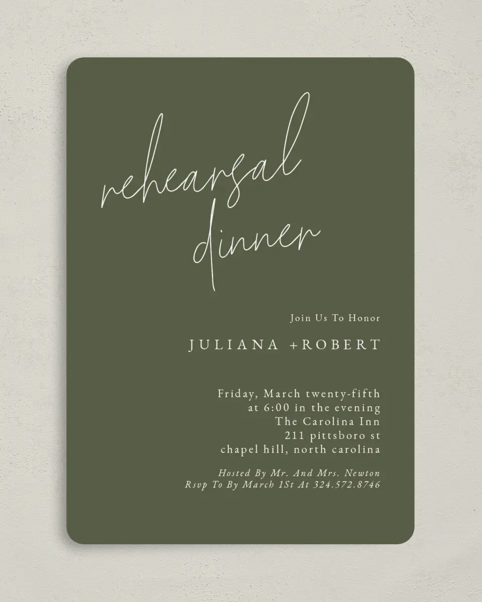 This is a 5" x 7" Rehearsal Dinner Invitation called Modern Dinner printed in full color on Premium Smooth paper