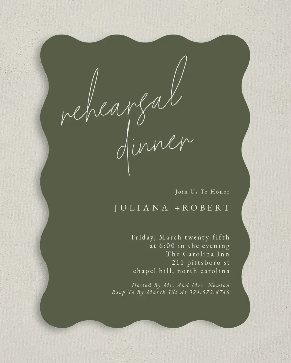 This is a 5" x 7" Rehearsal Dinner Invitation called Modern Dinner printed in full color on Premium Smooth paper