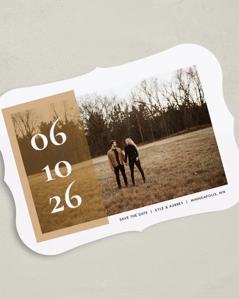 This is a 5" x 7" Save the Date Card called Stylish Overlay printed in full color on Premium Smooth paper
