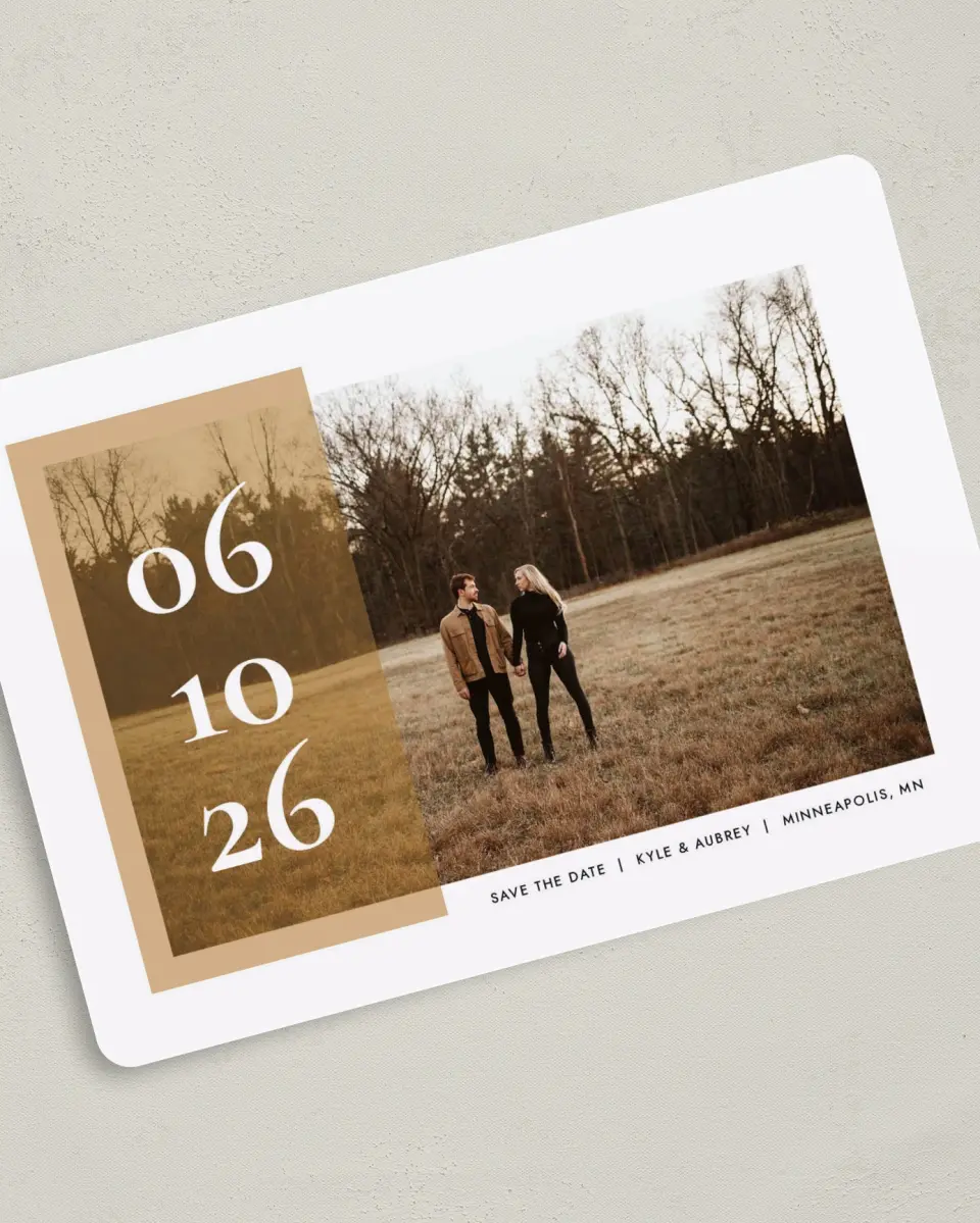 This is a 5" x 7" Save the Date Card called Stylish Overlay printed in full color on Premium Smooth paper
