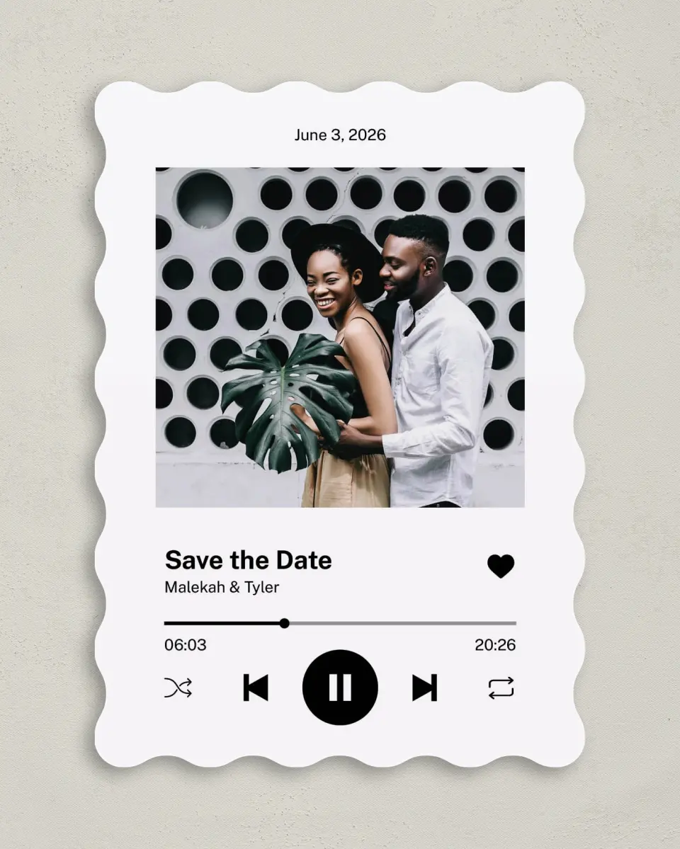 This is a 5" x 7" Save the Date Card called Our Song printed in full color on Premium Smooth paper