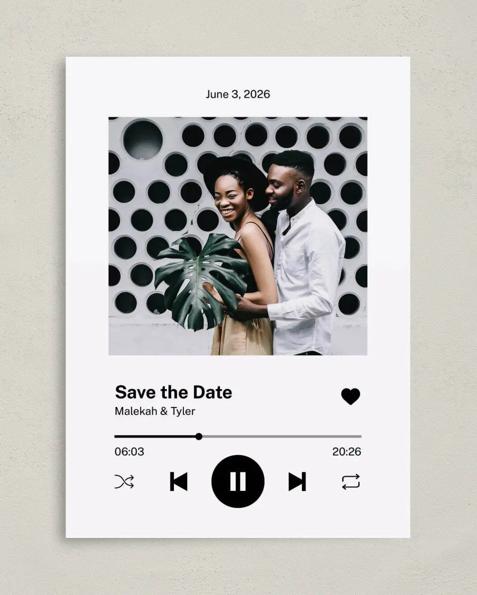 This is a 5" x 7" Save the Date Card called Our Song printed in full color on Premium Smooth paper