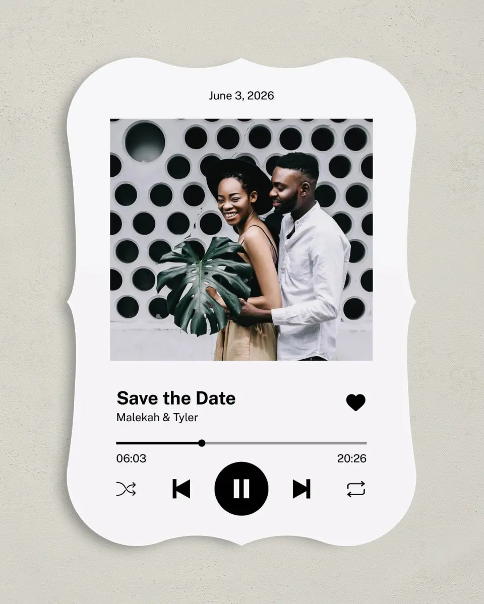 This is a 5" x 7" Save the Date Card called Our Song printed in full color on Premium Smooth paper