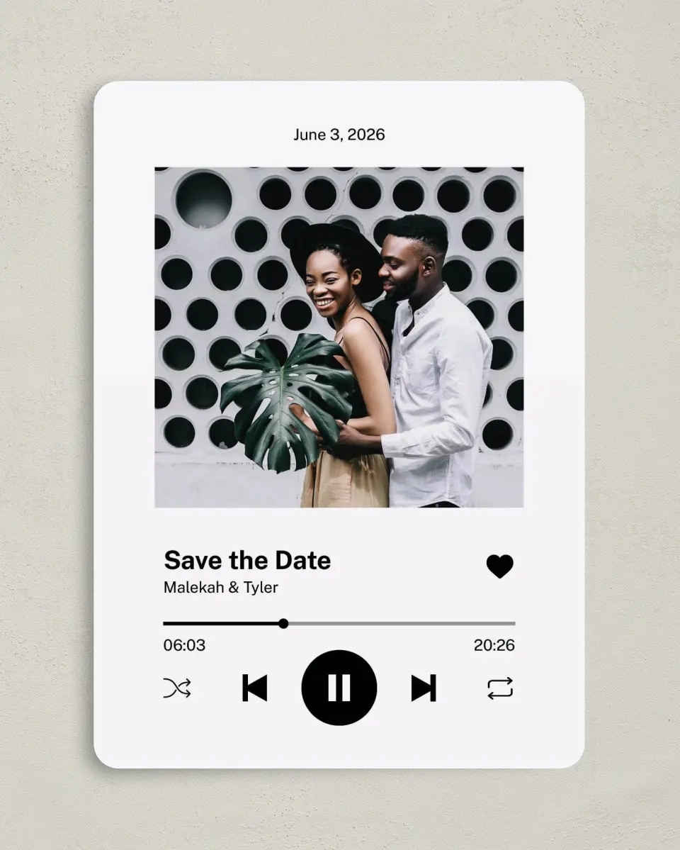This is a 5" x 7" Save the Date Card called Our Song printed in full color on Premium Smooth paper