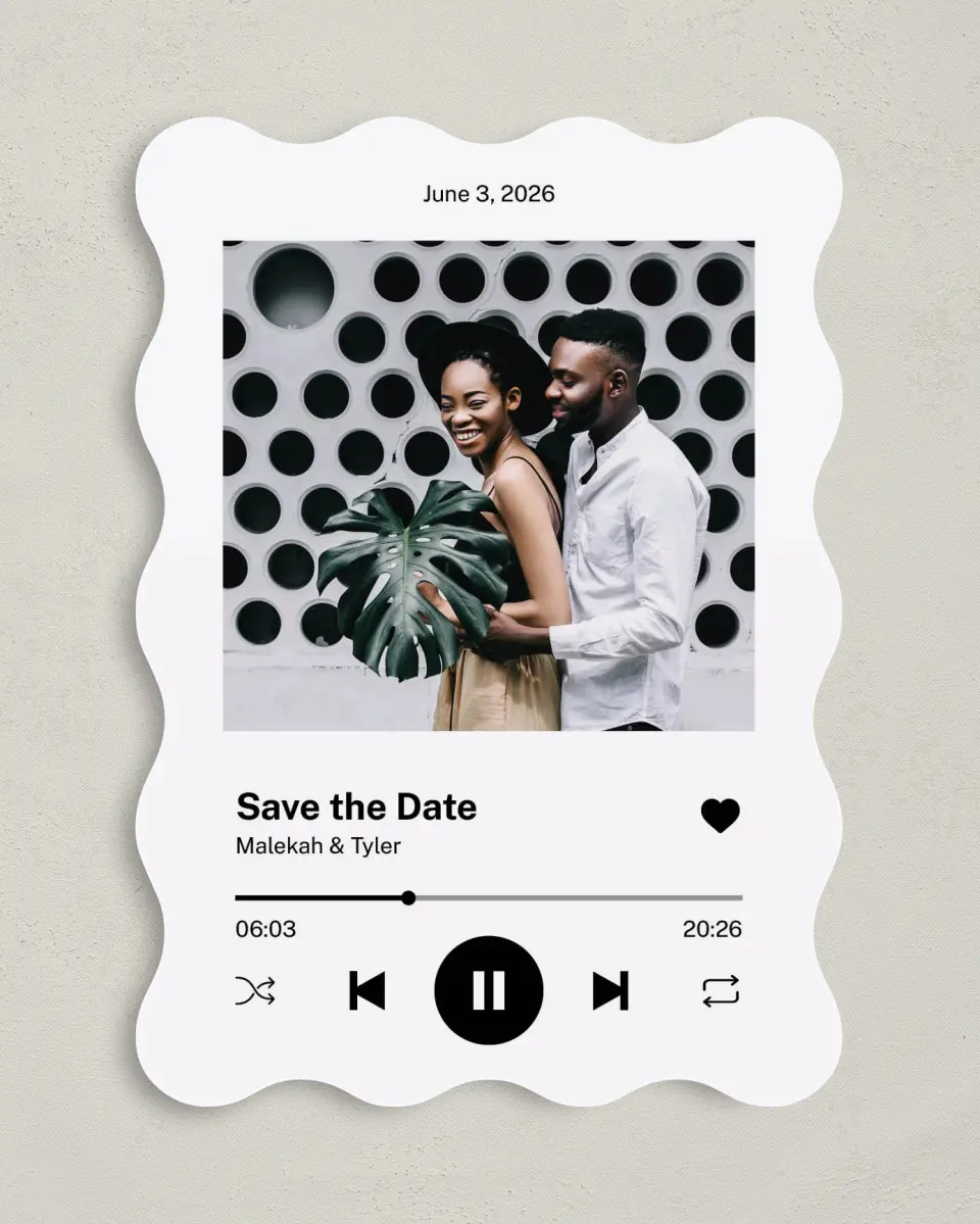 This is a 5" x 7" Save the Date Card called Our Song printed in full color on Premium Smooth paper
