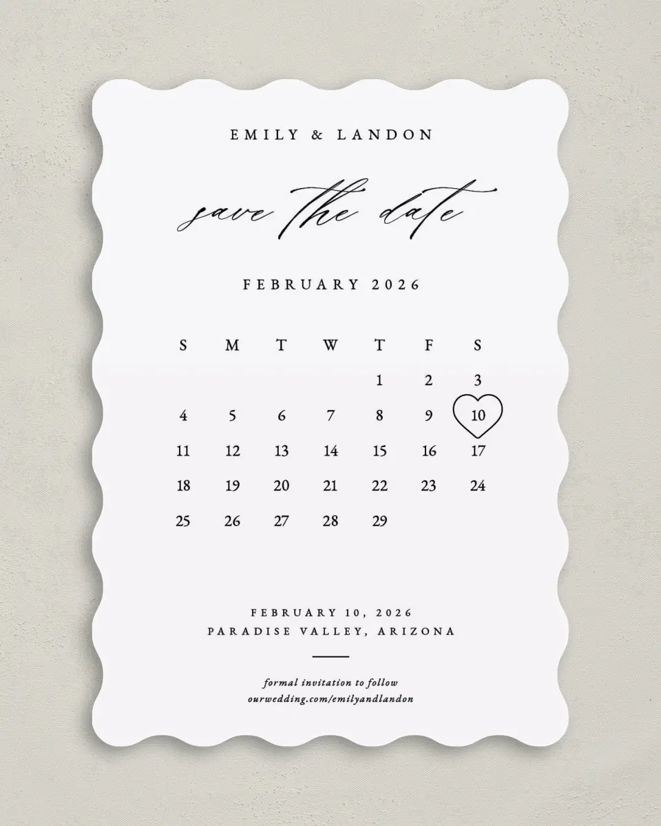 This is a 5" x 7" Save the Date Card called Lovely Calendar printed in full color on Premium Smooth paper