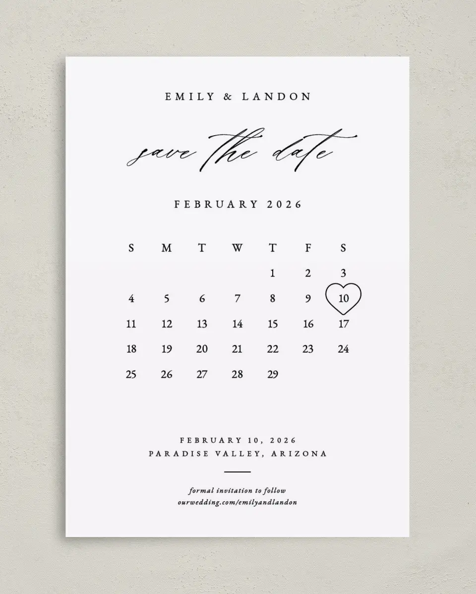 This is a 5" x 7" Save the Date Card called Lovely Calendar printed in full color on Premium Smooth paper