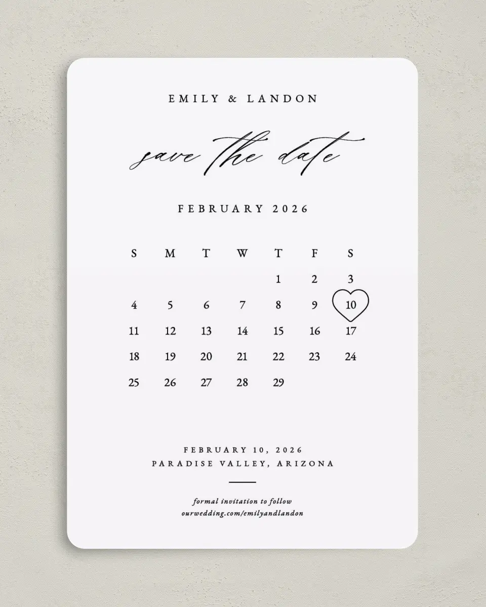 This is a 5" x 7" Save the Date Card called Lovely Calendar printed in full color on Premium Smooth paper