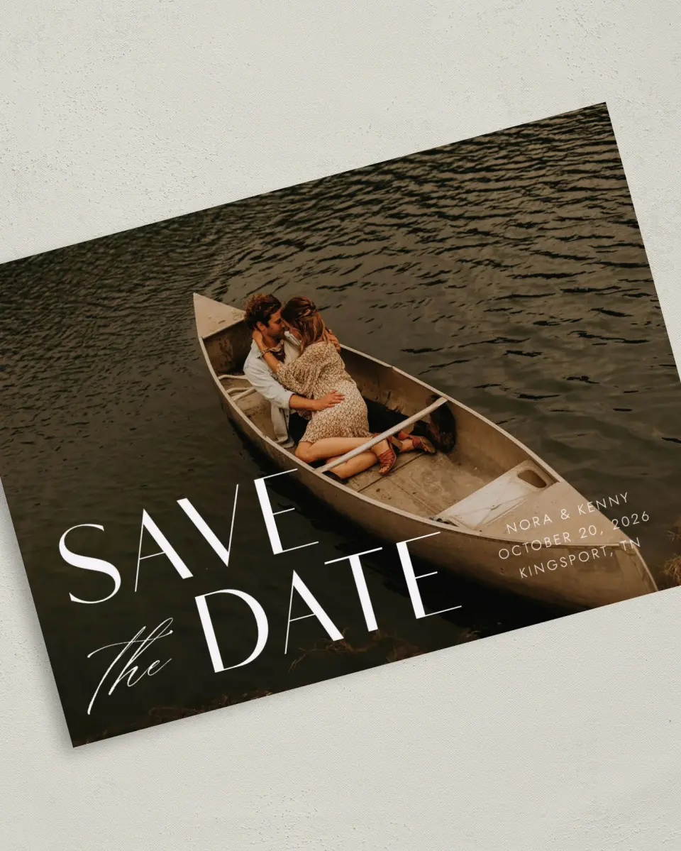 This is a 5" x 7" Save the Date Card called Luxe Love printed in full color on Premium Smooth paper