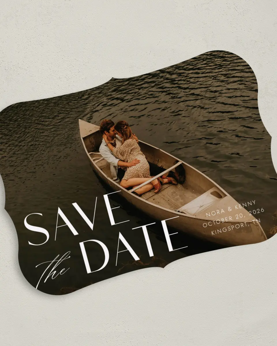 This is a 5" x 7" Save the Date Card called Luxe Love printed in full color on Premium Smooth paper