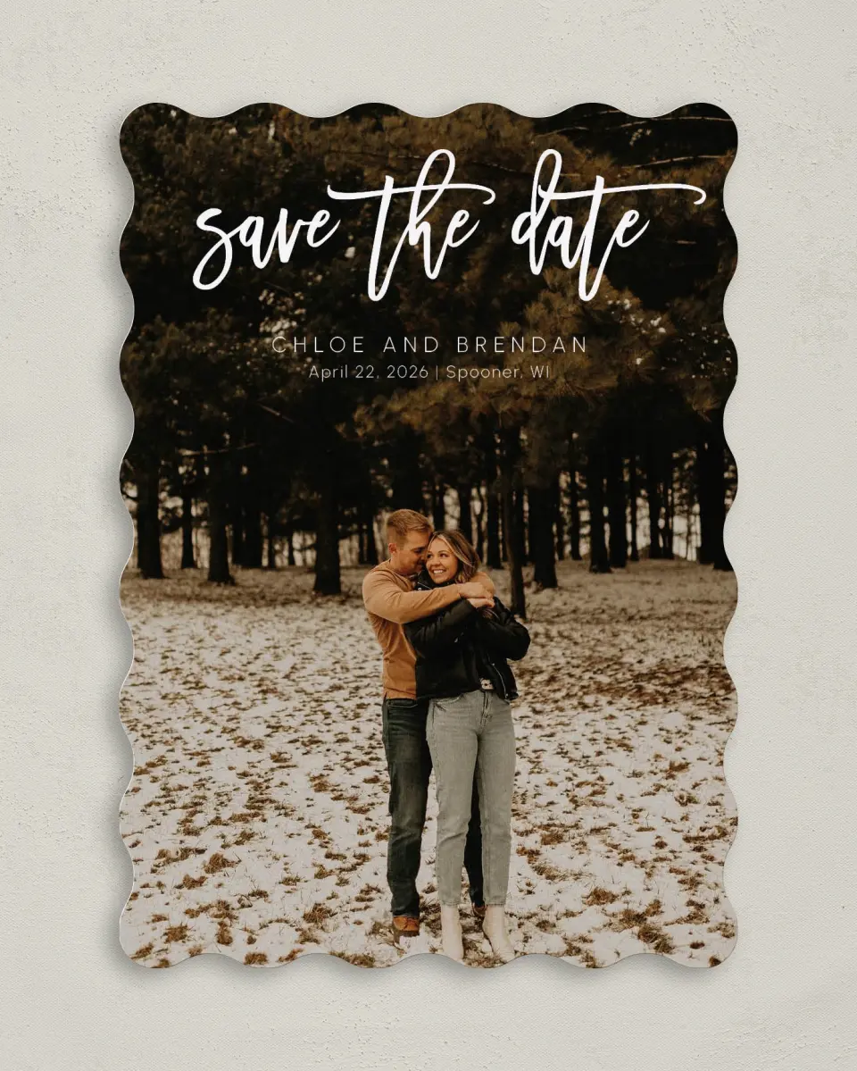 This is a 5" x 7" Save the Date Card called Daring Script printed in full color on Premium Smooth paper