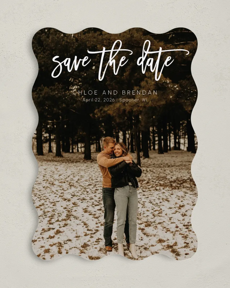 This is a 5" x 7" Save the Date Card called Daring Script printed in full color on Premium Smooth paper