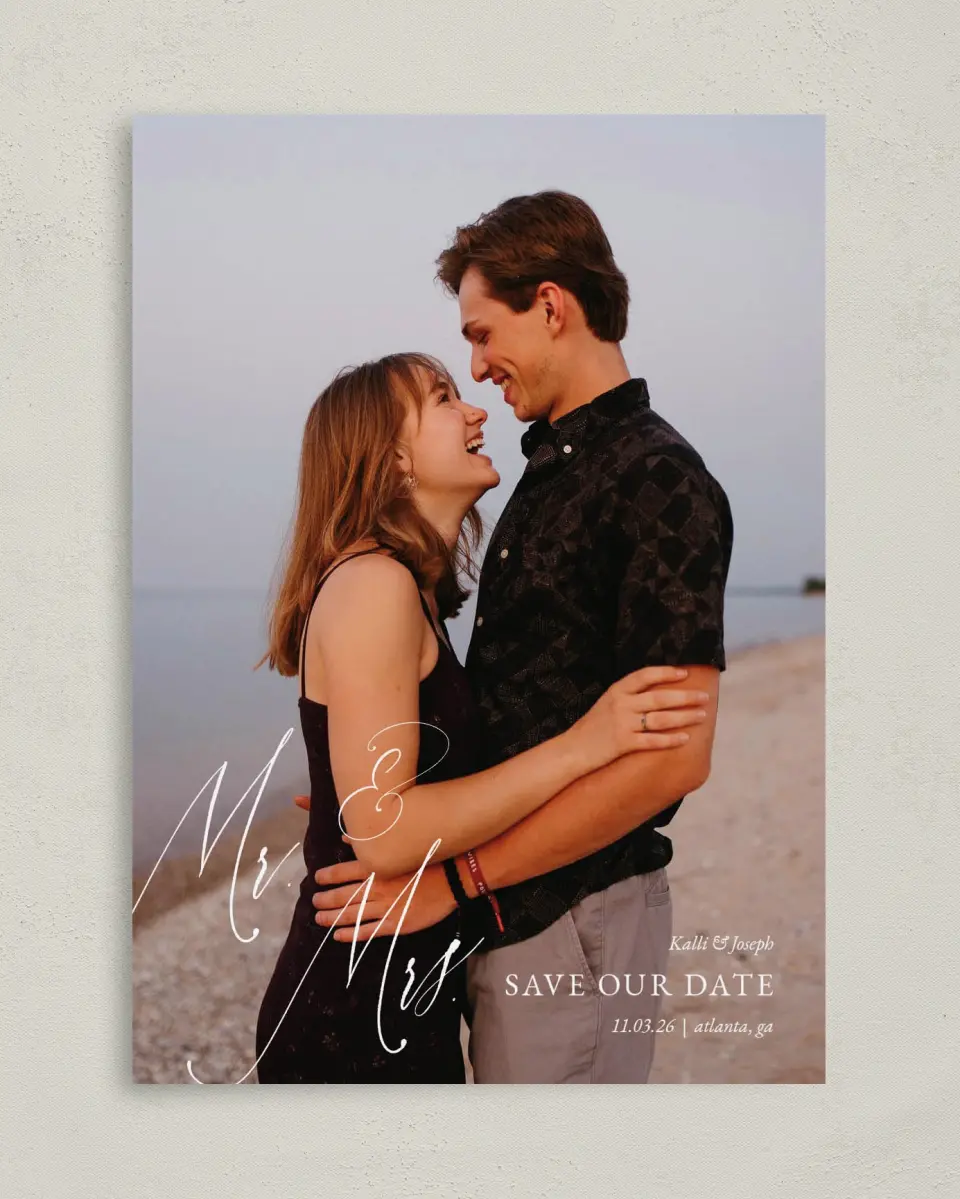 This is a 5" x 7" Save the Date Card called Future Mr. & Mrs. printed in full color on Premium Smooth paper