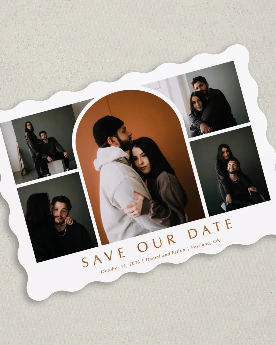 This is a 5" x 7" Save the Date Card called Arched Collage printed in full color on Premium Smooth paper