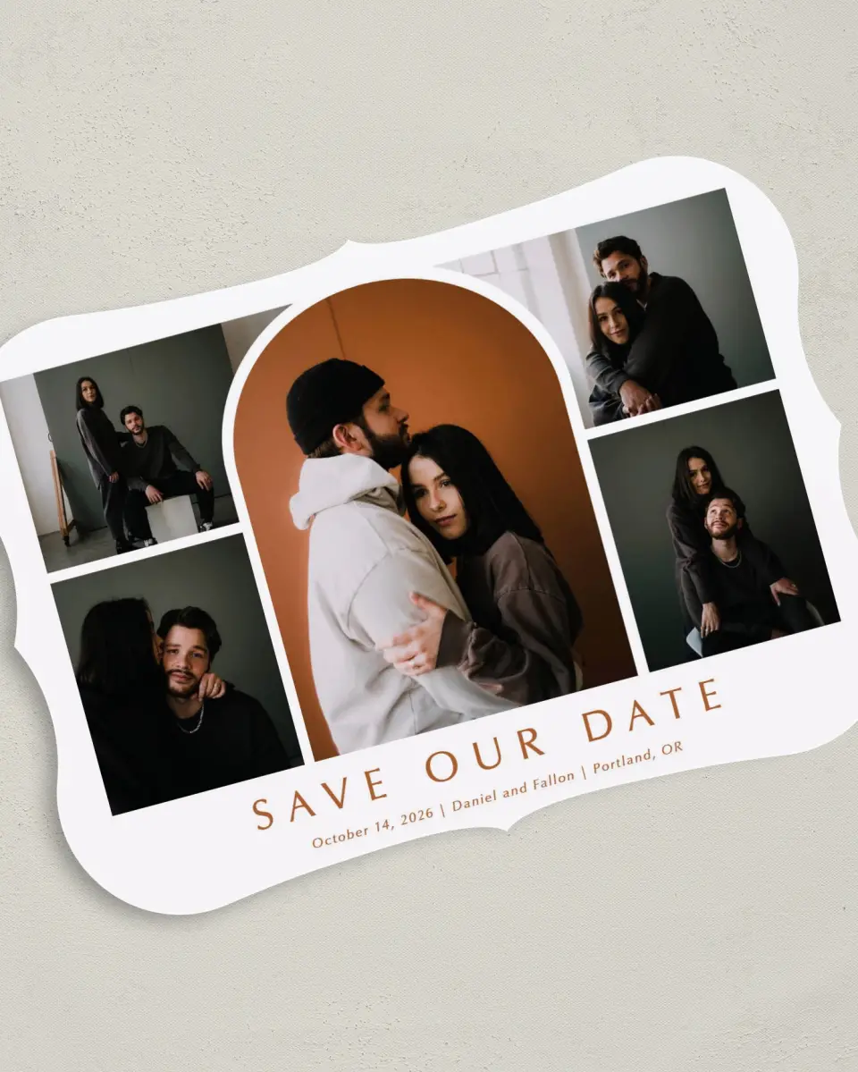 This is a 5" x 7" Save the Date Card called Arched Collage printed in full color on Premium Smooth paper