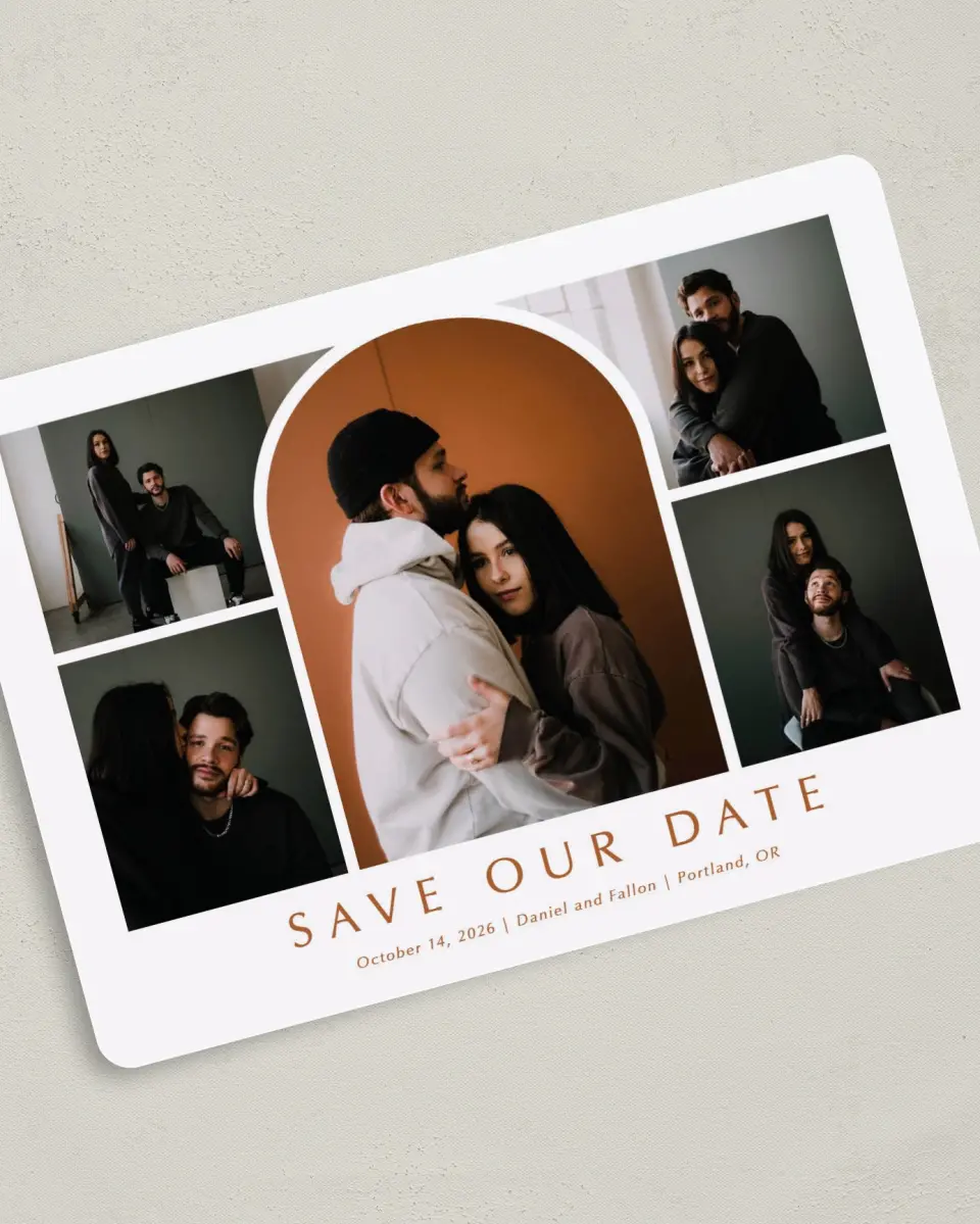 This is a 5" x 7" Save the Date Card called Arched Collage printed in full color on Premium Smooth paper
