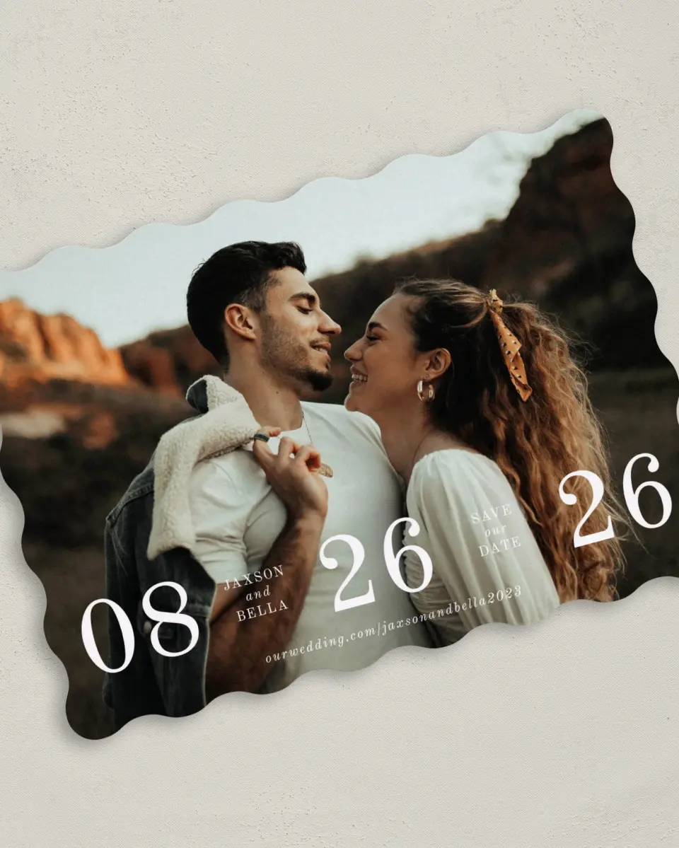This is a 5" x 7" Save the Date Card called Immense Date printed in full color on Premium Smooth paper