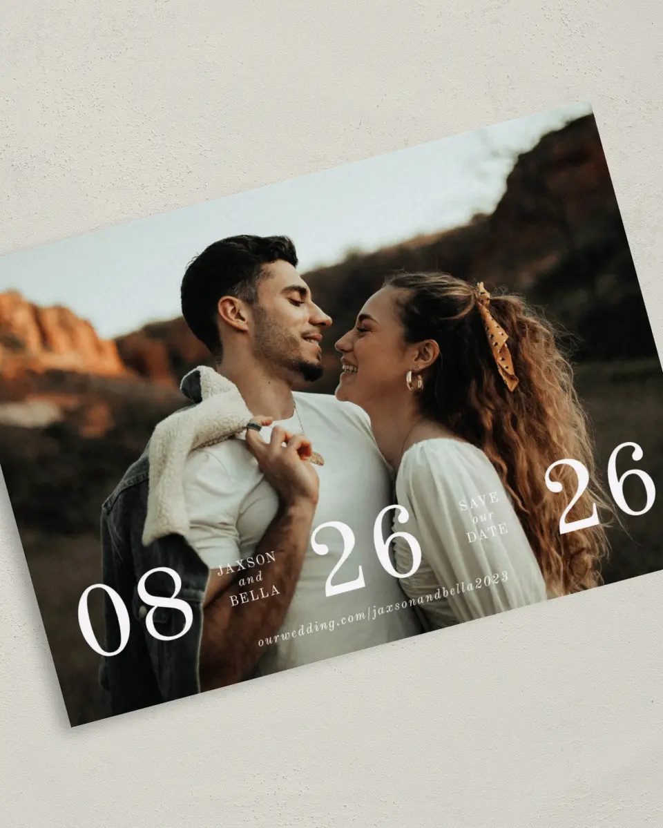 This is a 5" x 7" Save the Date Card called Immense Date printed in full color on Premium Smooth paper