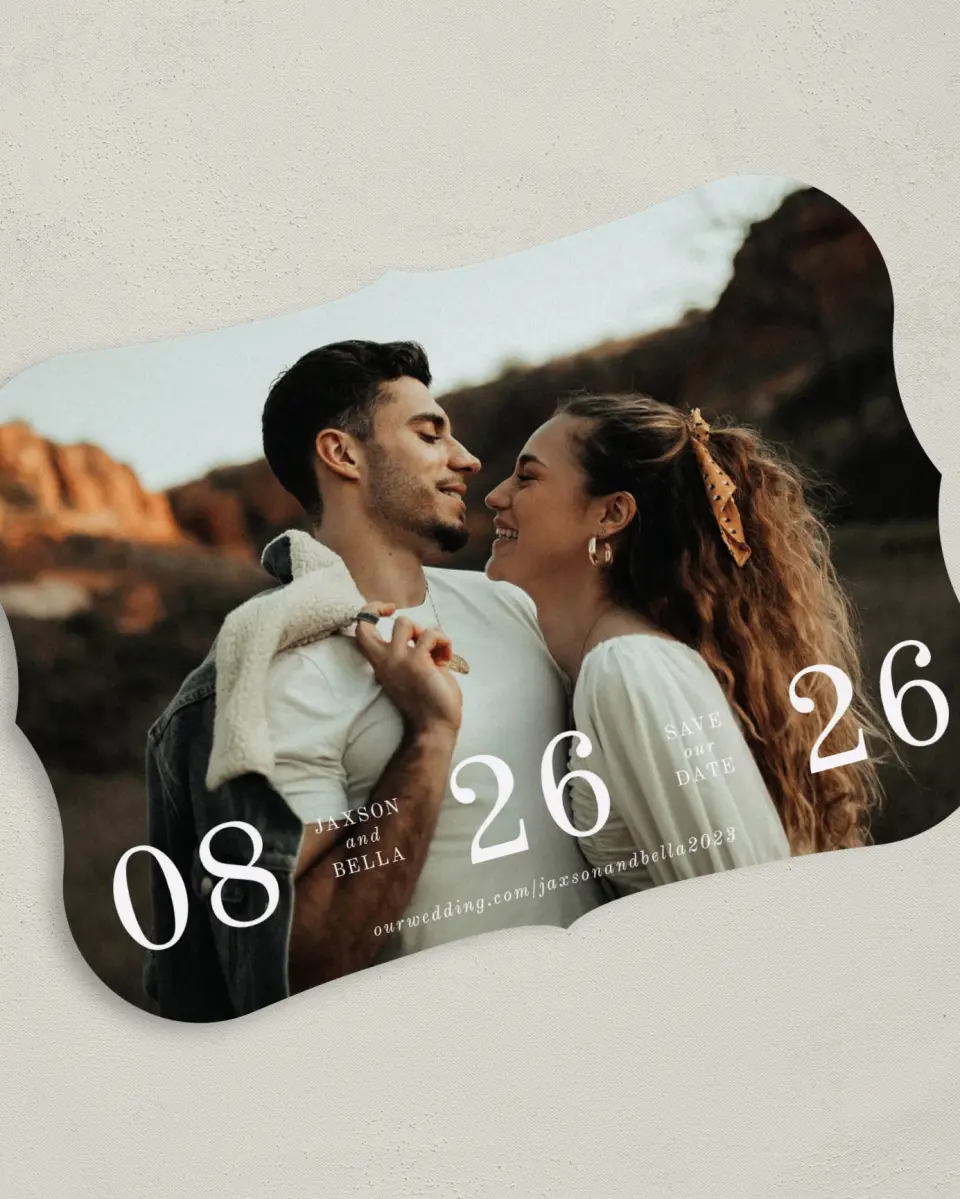 This is a 5" x 7" Save the Date Card called Immense Date printed in full color on Premium Smooth paper