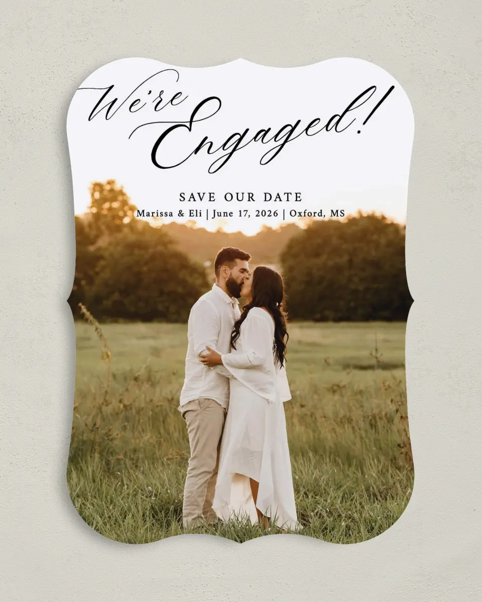 This is a 5" x 7" Save the Date Card called Elegant Engagement printed in full color on Premium Smooth paper