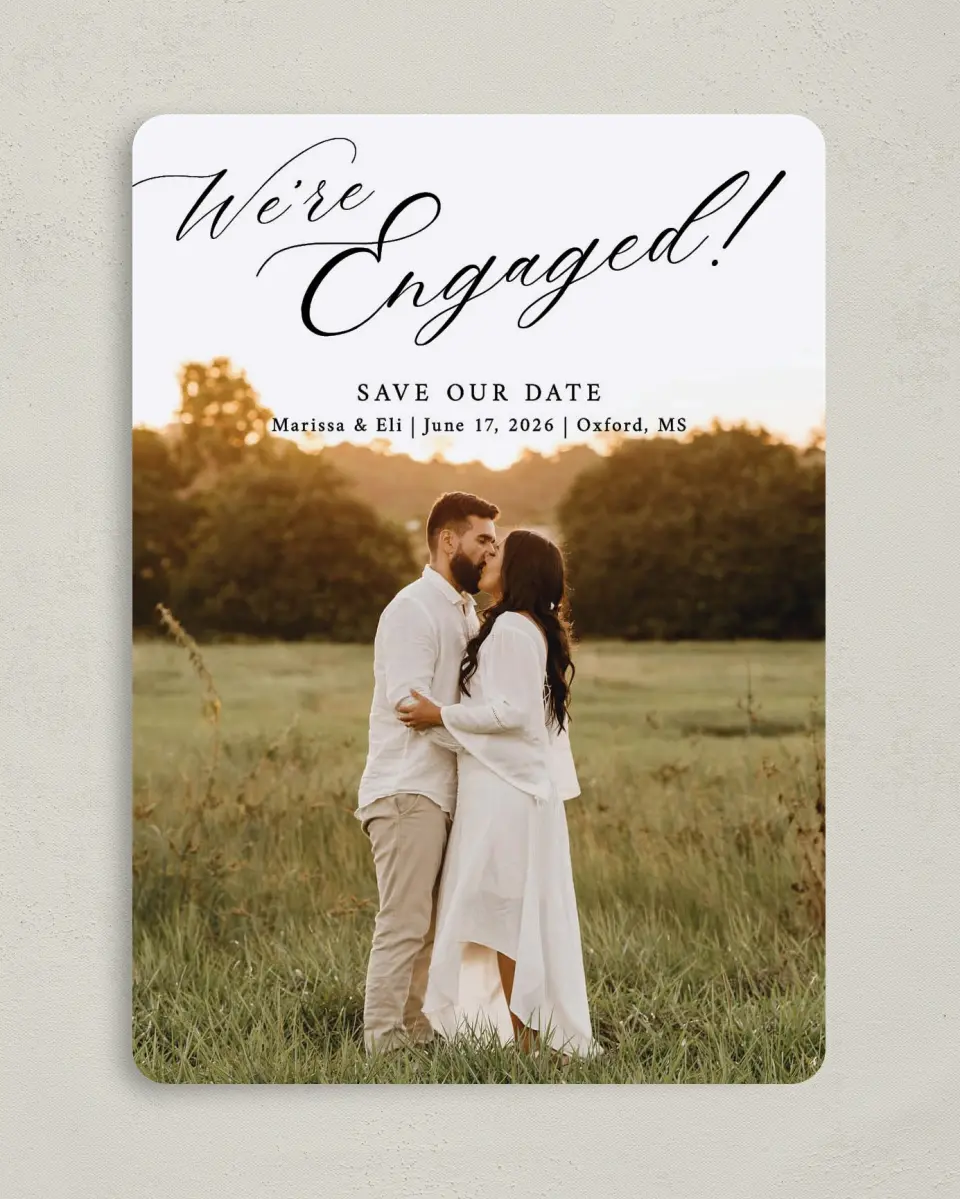 This is a 5" x 7" Save the Date Card called Elegant Engagement printed in full color on Premium Smooth paper