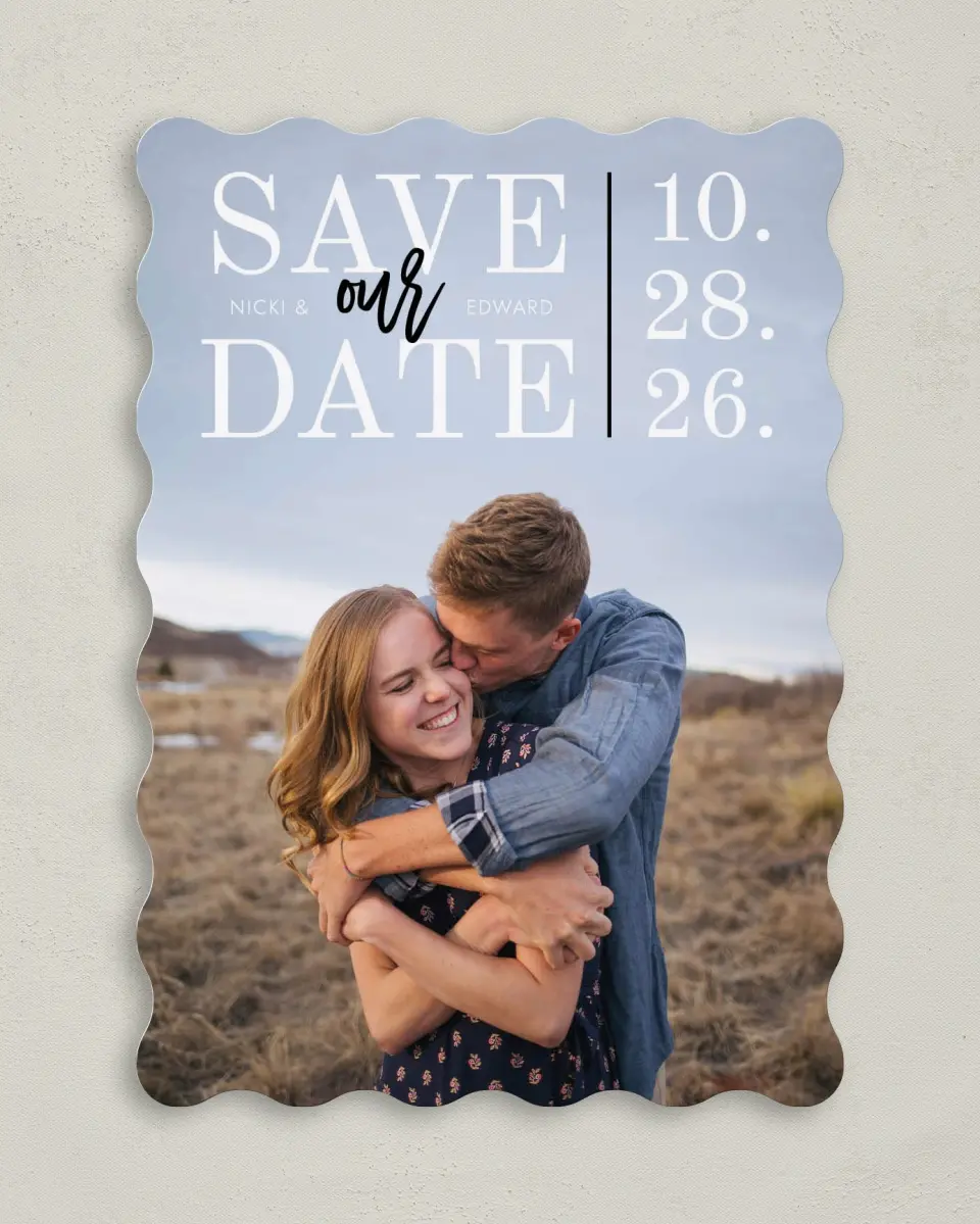 This is a 5" x 7" Save the Date Card called Intertwined Delight printed in full color with Rose Gold foil on Luxe Satin (coated) paper