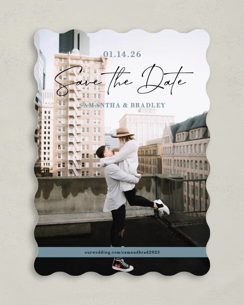 This is a 5" x 7" Save the Date Card called Contemporary Script printed in full color on Premium Smooth paper