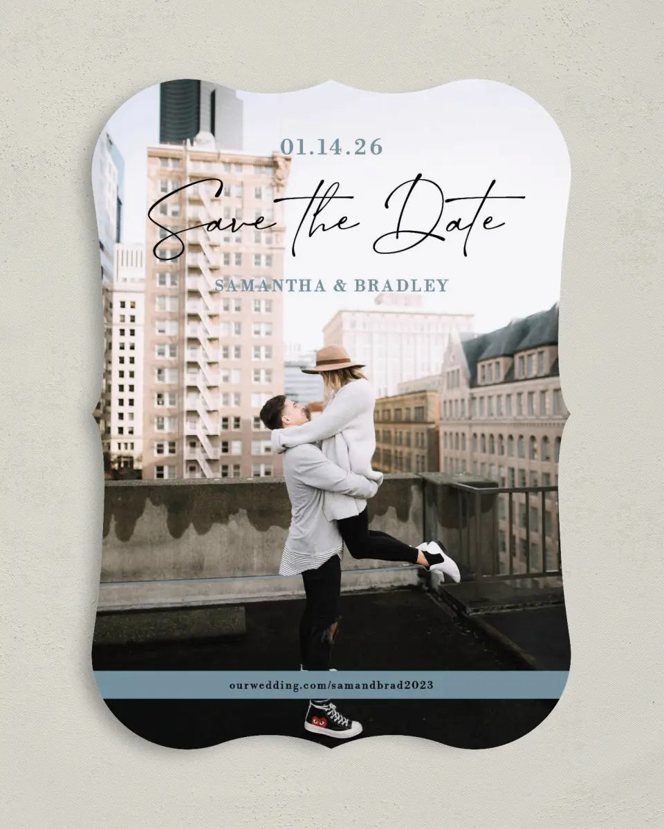 This is a 5" x 7" Save the Date Card called Contemporary Script printed in full color on Premium Smooth paper