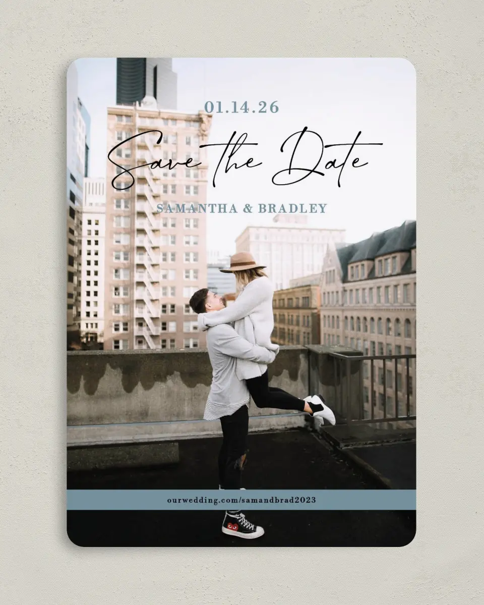 This is a 5" x 7" Save the Date Card called Contemporary Script printed in full color on Premium Smooth paper