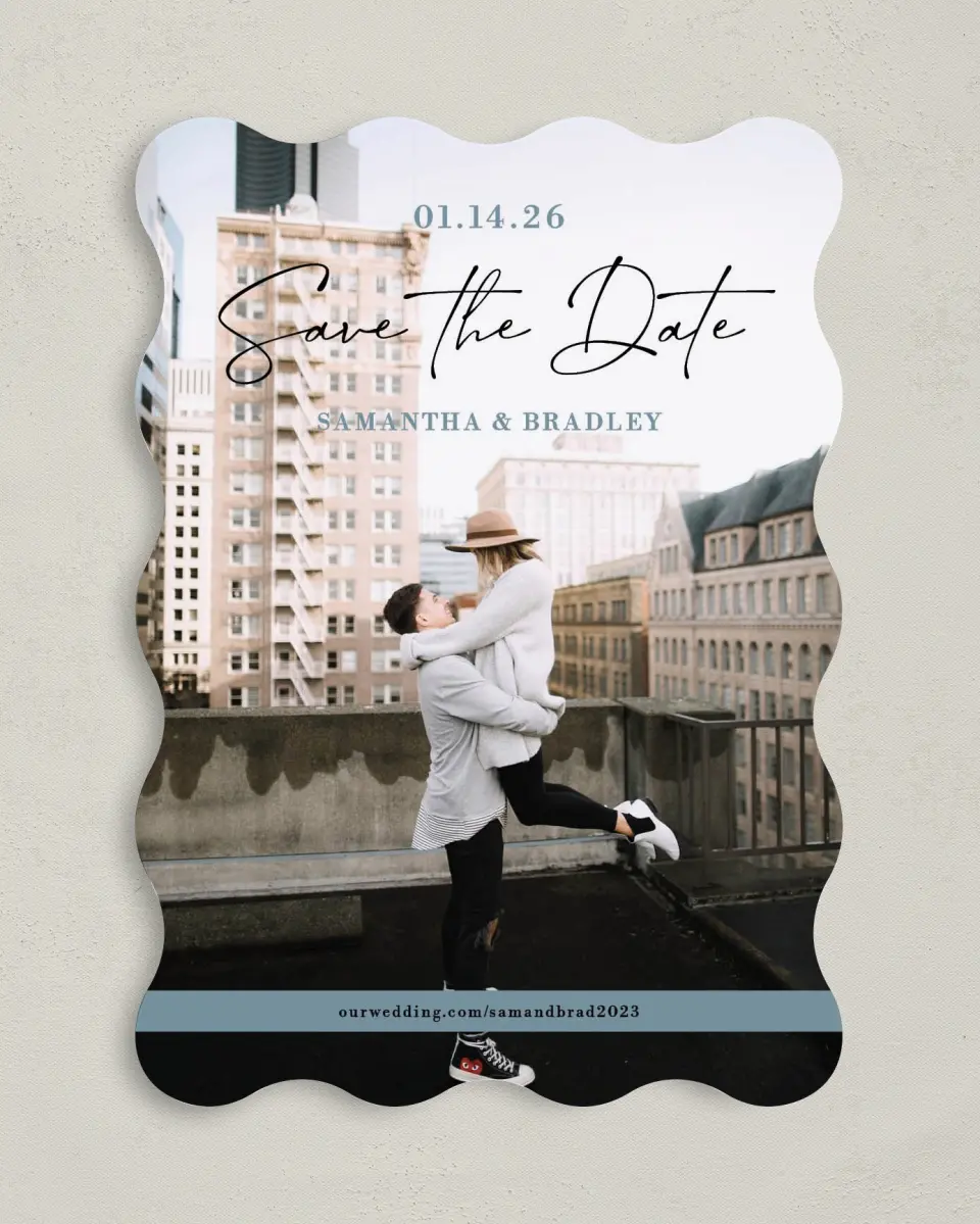 This is a 5" x 7" Save the Date Card called Contemporary Script printed in full color on Premium Smooth paper