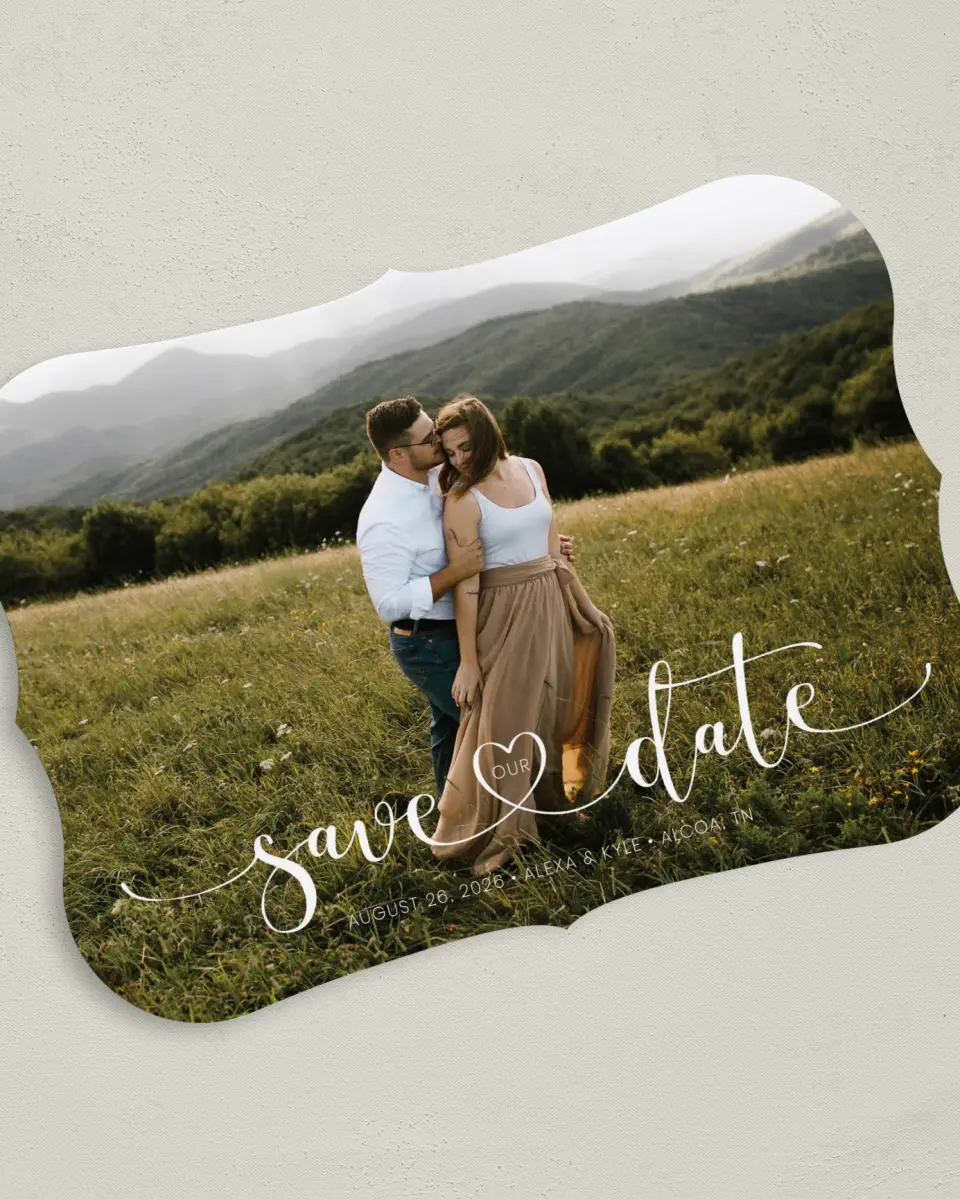 This is a 5" x 7" Save the Date Card called Entwined Heart printed in full color on Premium Smooth paper
