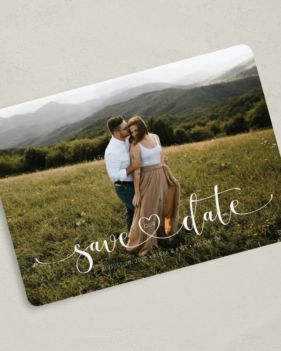 This is a 5" x 7" Save the Date Card called Entwined Heart printed in full color on Premium Smooth paper