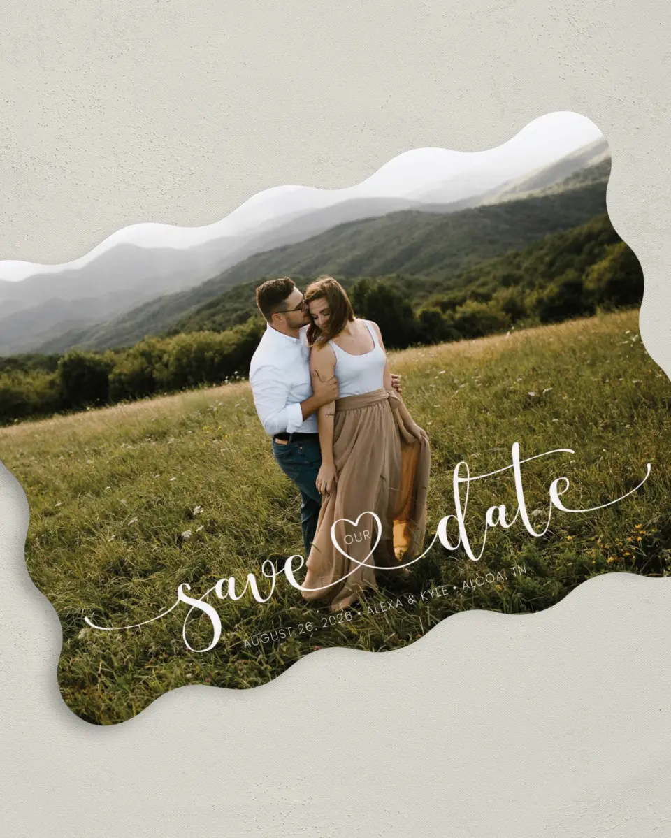 This is a 5" x 7" Save the Date Card called Entwined Heart printed in full color on Premium Smooth paper